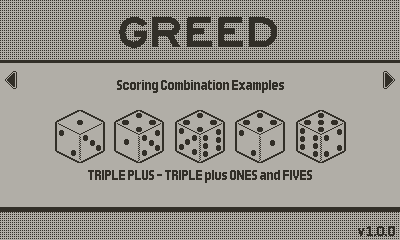 A screen shot of Greed for Playdate.